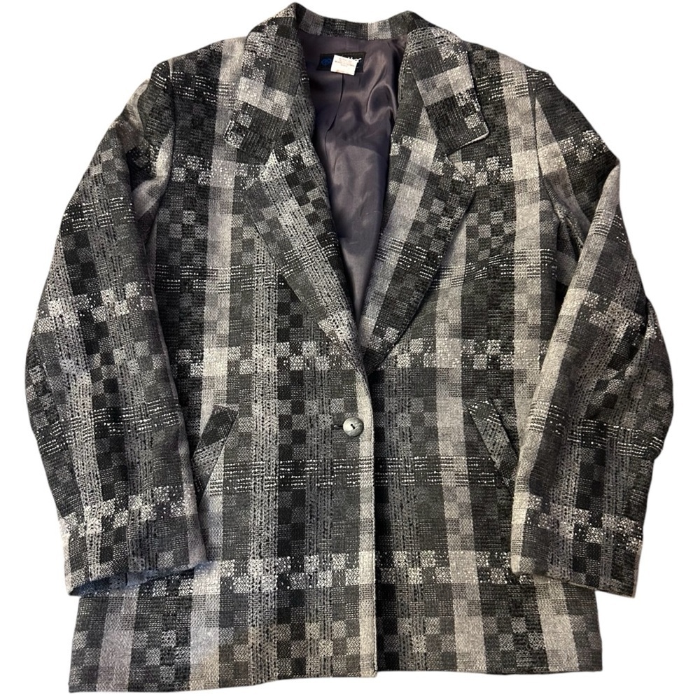 Plaid Women's Blazer Jacket - Black and Gray